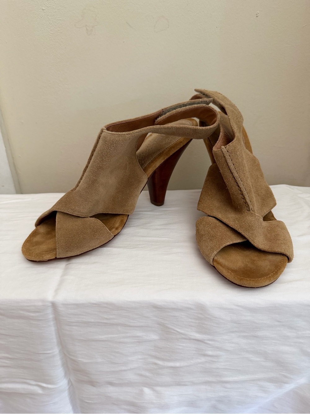 Suede Crisscross Slingback Heels in Tan